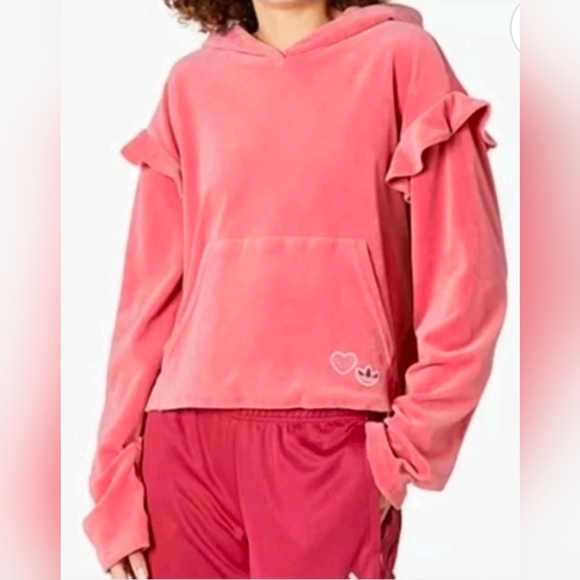 adidas Sweaters - Adidas Womens Velour Hoodie Pullover Ruffle Sweatshirt in Hazy Rose, Size XL